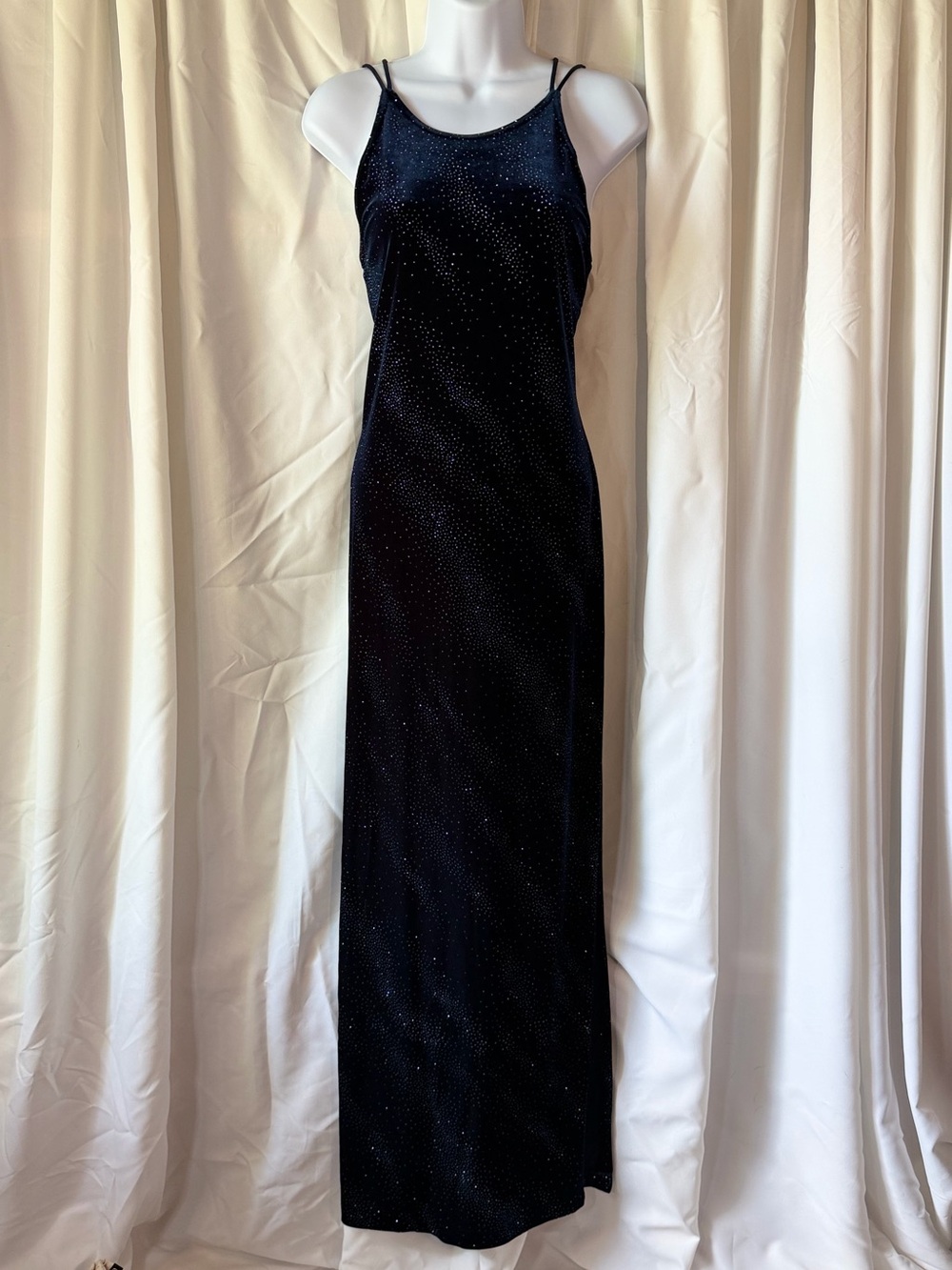 Vintage 90s Navy celestial Glitter Velvet Strappy Back Prom Dress L